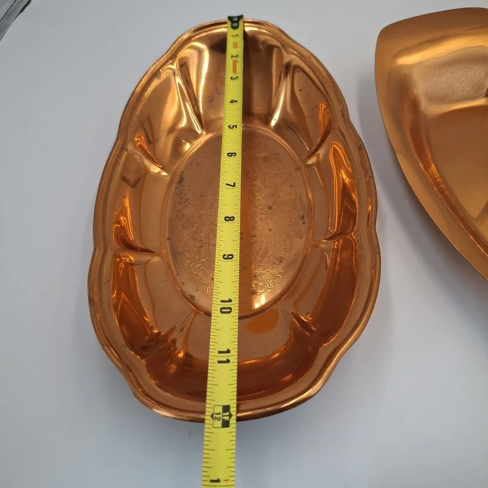 Vintage Copper Plated Oval Serving Dish Tray Lot of 2 Floral Scroll Plain 11.5